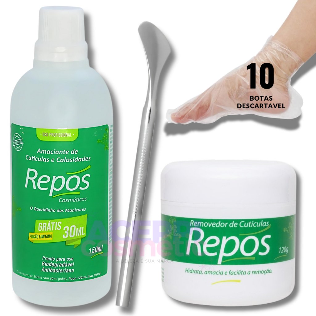 Repos Amaciante de Cutículas e Calosidades 150ml + Cr Removedor 120gr + Bisturi + 10 Botas Descart