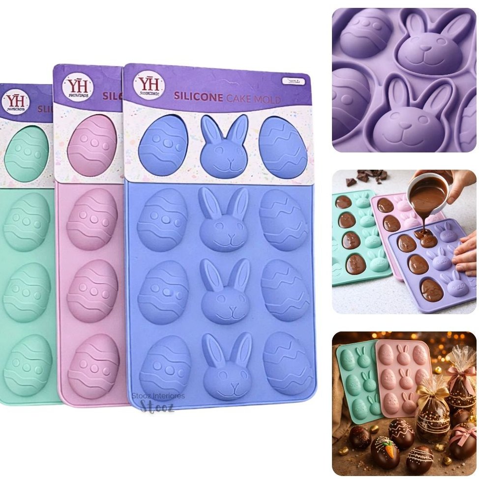 kit 1 ou 3 Molde Silicone Páscoa 12 Cavidades Ovos Coelhinhos Chocolate Artesanato Forma Silicone antiaderente
