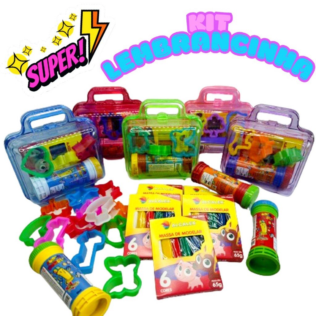 Kit 10 Massinha Modelar + 10 Bolha Sabão + 20 Cortador Massinha + 10 Maletinha Acrílico Lembrancinha