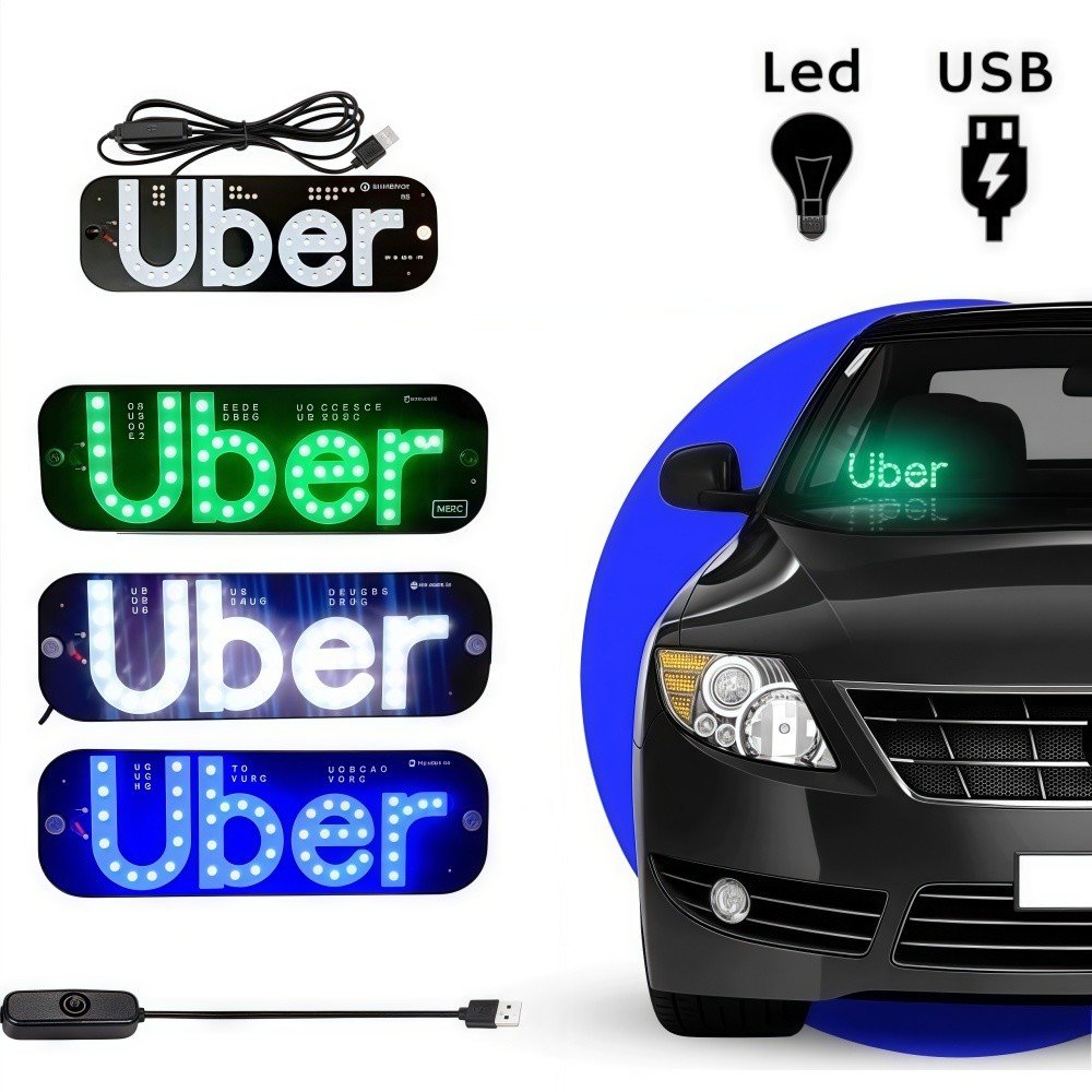 Placa Uber Letreiro para Carro Iluminação 3 Cores com Ventosa Para-Brisa USB com Botão Liga e Desliga