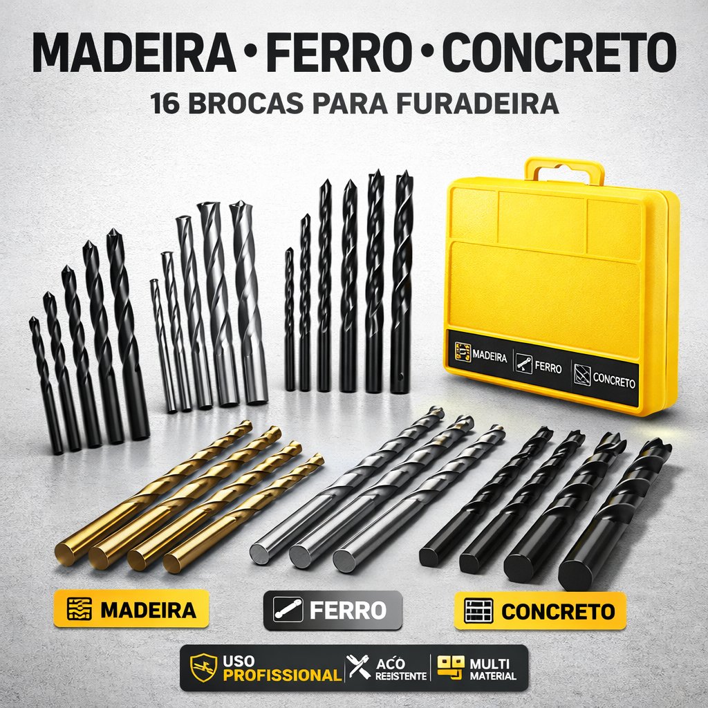 Kit Brocas 16 Peças Madeira Metal Concreto com Estojo Para Furadeira