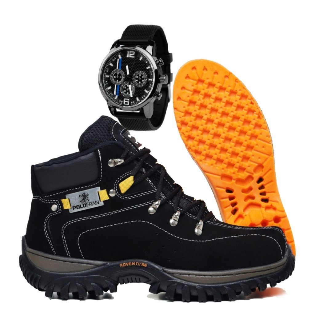 Kit Bota Marrom Adventure Botina Polo Fran Masculina Palmilha Gel + Relógio