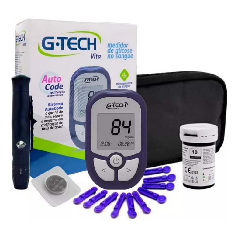 Medidor Glicose Diabete Gtech Vita / Ultra Kit Com 1 Aparelho 1 Caneta 10 Tiras 10 Lancetas Completo