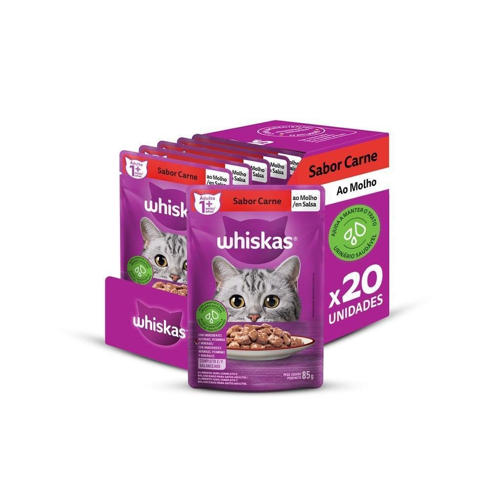 Ração Úmida Whiskas Sachê Carne ao Molho para Gatos Adultos - 20 Sachês de 85g