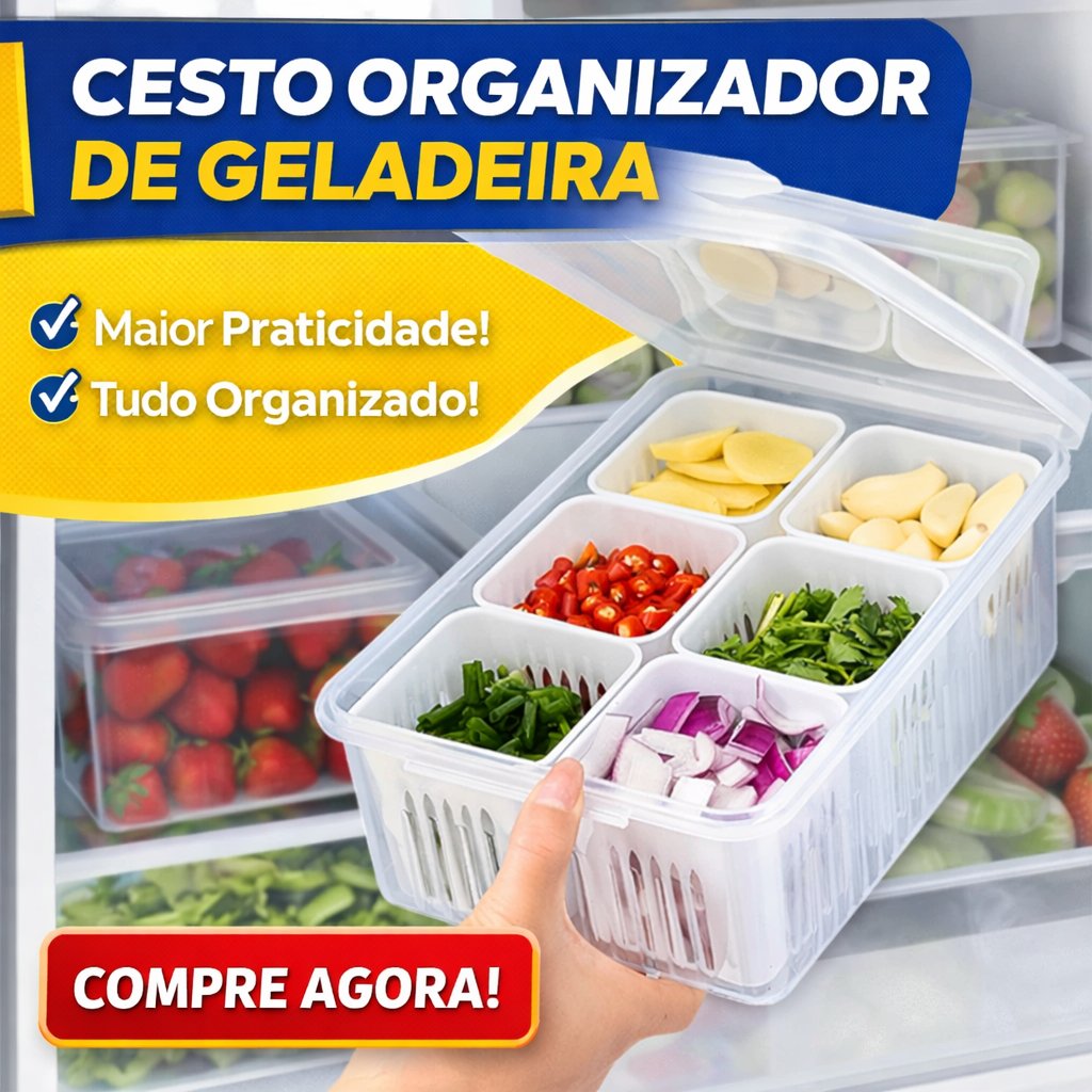 Pote Organizador de Geladeira com Tampa e Divisórias Acrílico com Cesto para Alimentos Legumes e Frutas