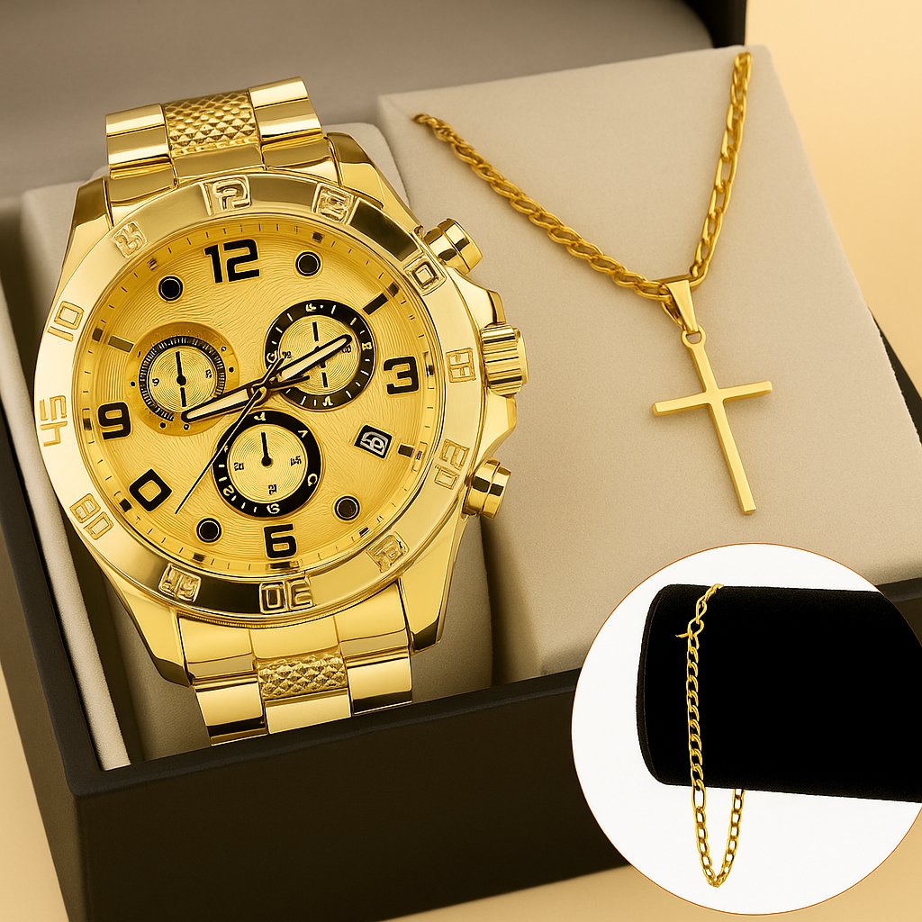 Kit Relógio + Corrente Pingente Cruz + Pulseira Masculina em Aço Inox – Prata ou Dourado