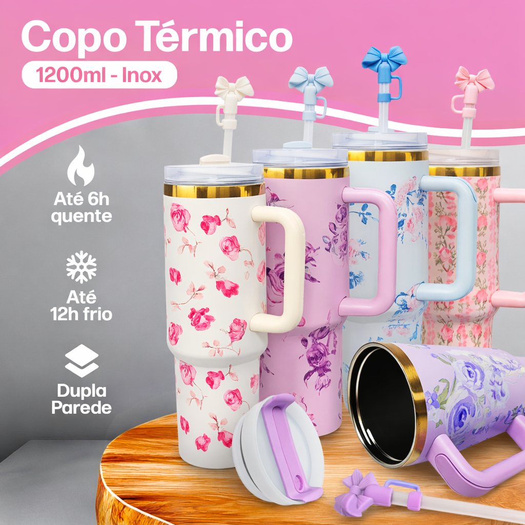 Copo Térmico com Canudo 1.2L Inox 1200mL Garrafa com Protetor de Canudo Florido Personalizado Floral