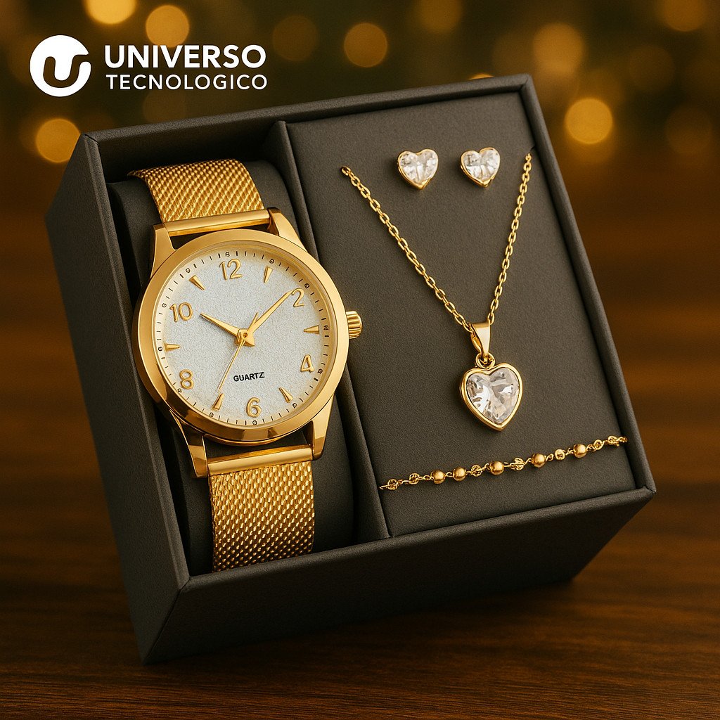 Kit Relógio Feminino + Colar + Pulseira + Brinco Rma13