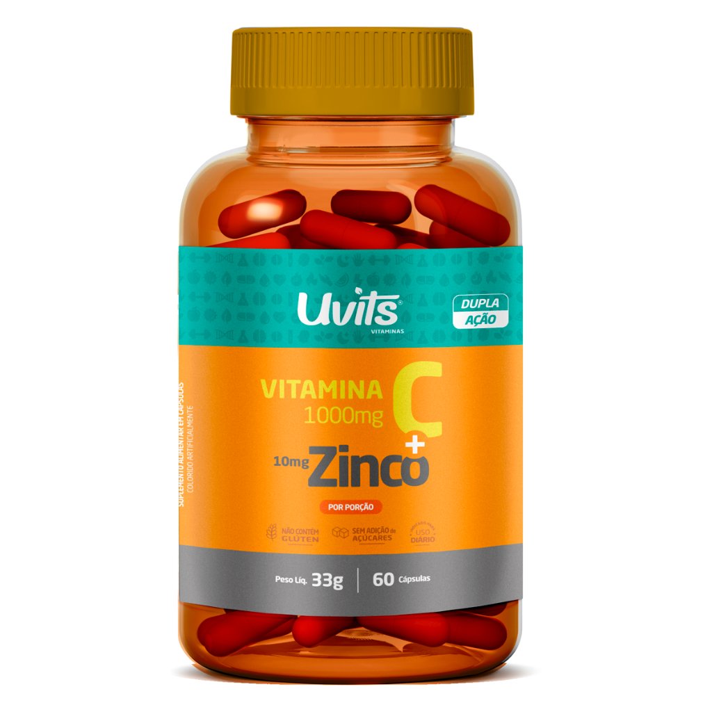 Vitamina C 1000mg + Zinco 60 Caps Melhora Imunidade Disposição + Energia Zero Açucar Uvits