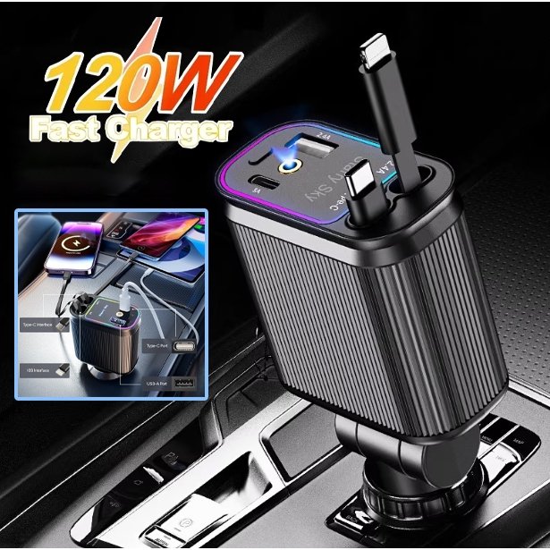 Carregador de carro retrátil com luz LED, carregador de carro rápido 4 em 1 de 120 W Super turbo para iPhone e Android
