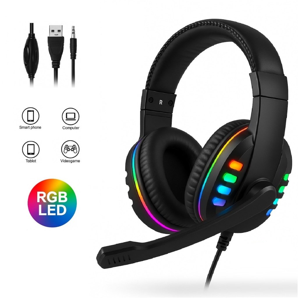 Headset Fone Gamer Led RGB com microfone USB e P2 Para PC Computador Headphone Videogame