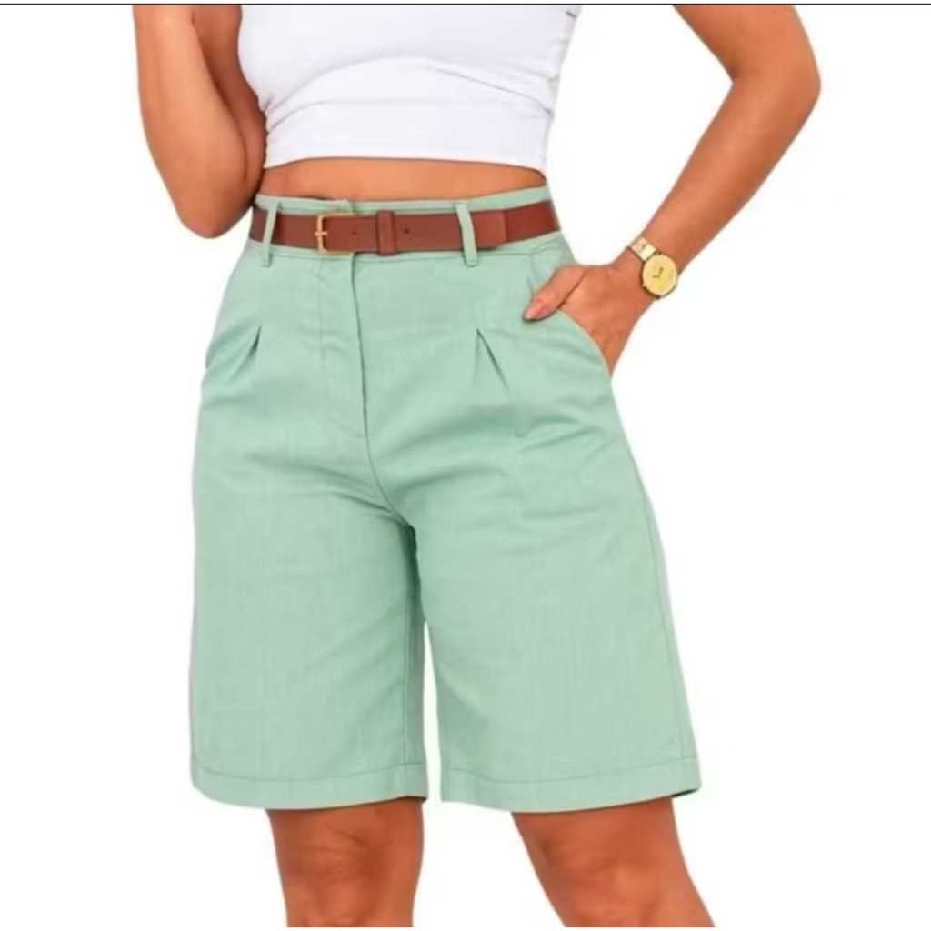 Bermuda  TECIDO LINHO com bolso cintura alta acompanha cinto de couro marrom