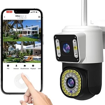 Câmera de Segurança PTZ 360° 6MP - Lente Dupla, Wi-Fi Externa, IP66, Sirene Policial e Visão Noturna G1