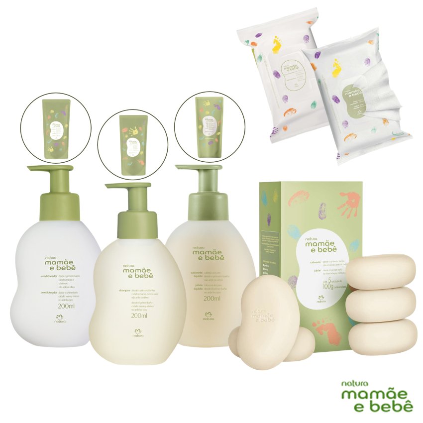Linha Mamãe e Bebê Natura: Shampoo, Condicionador, Sabonete Líquido/Barra, Saboneteira ou Lenços Umedecidos