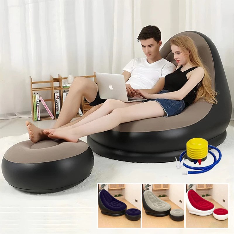 Conjunto Poltrona e Puff Inflável Portátil Descanso Sofá Com Bomba