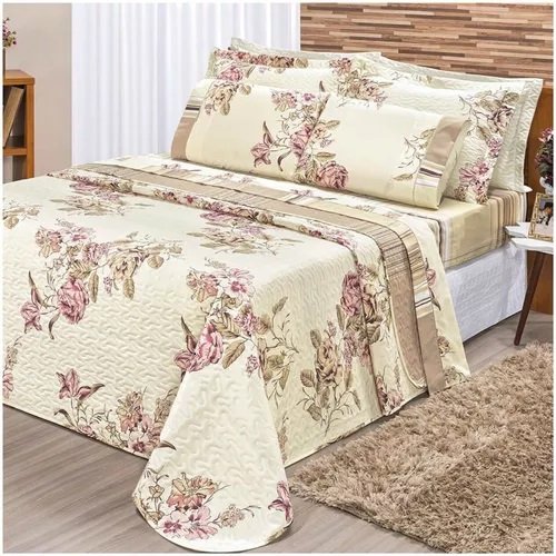 kit Cobre Leito Colcha forro de cama casal Dupla Face Estampado 3pç 150 fios toque de pessego