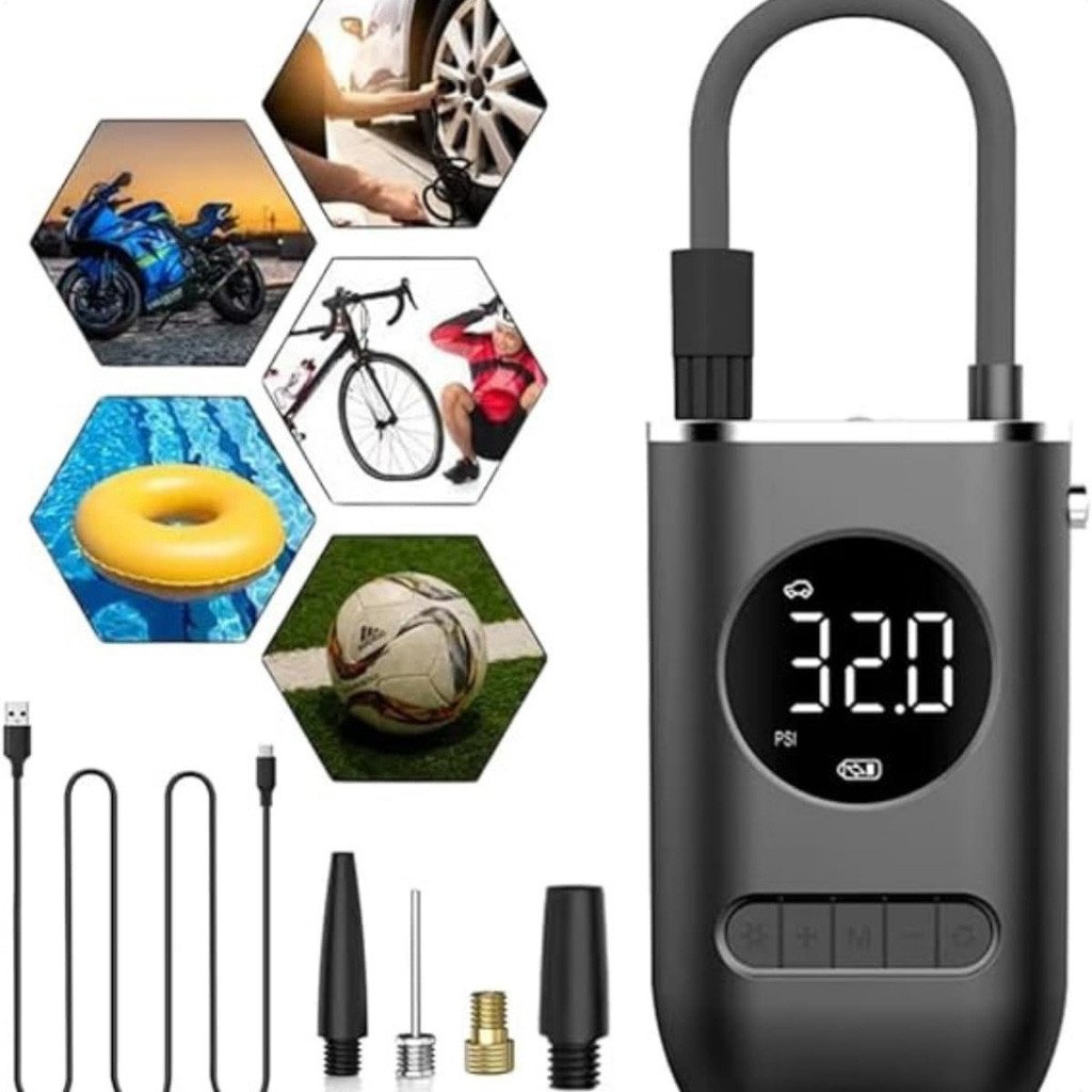 Mini Compressor de Ar Digital 130 PSI Portátil com Lanterna LED para Carro, Moto, Bike, Bola