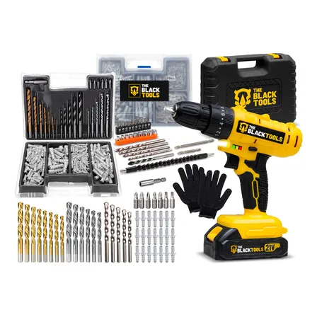 Parafusadeira Furadeira De Impacto Sem Fio Com 2 Baterias 21v + Kit 300 Peças Brocas E Buchas E Luva Pigmentada Amarelo 127/220v 60