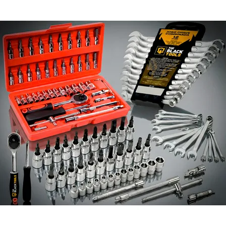 Kit Soquetes Com Catraca 46 Peças + Jogo 12 Chaves + Maleta Vermelho/preto/cromado