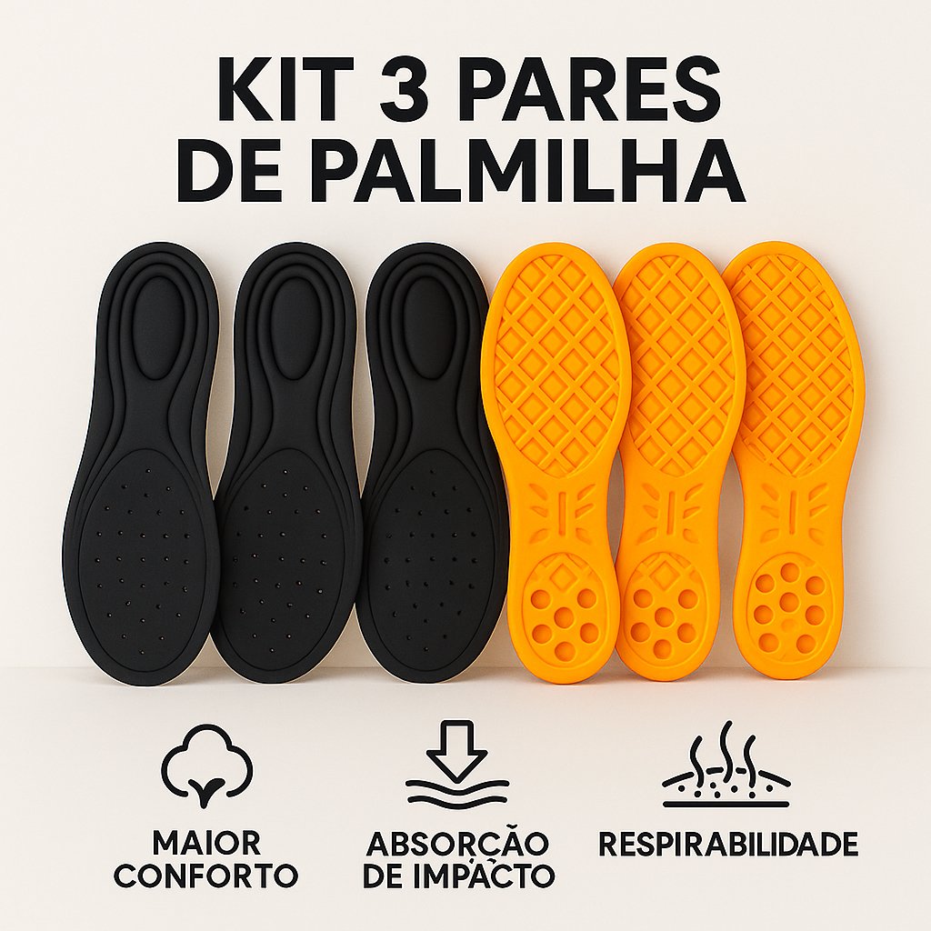 Kit 3 Pares Palmilha Ortopédica Anatômica em Gel-PU Confortável Bota Coturnos Militar Segurança