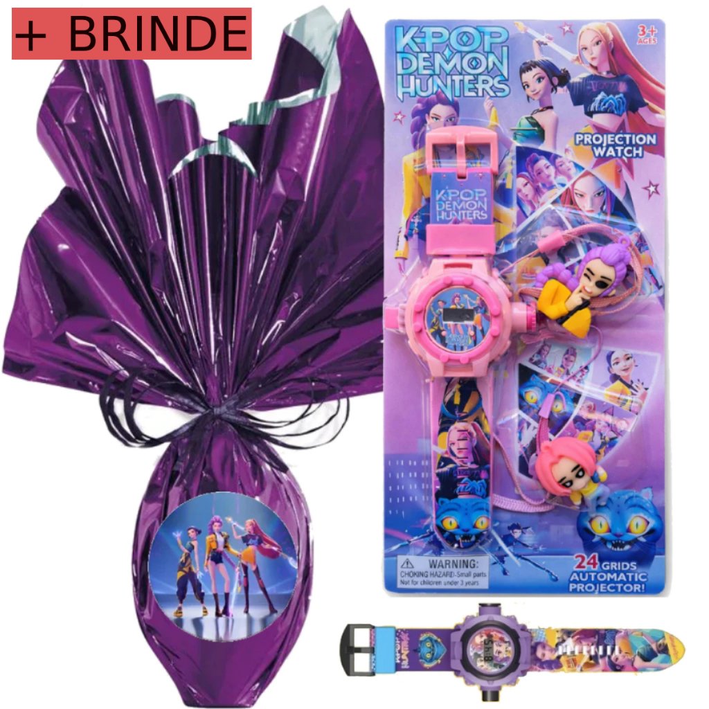 Ovo de Páscoa Infantil 250gr Ao Leite + Guerreiras do Kpop Relogio Projetor 24 Imagens Chaveirinho + Brinde