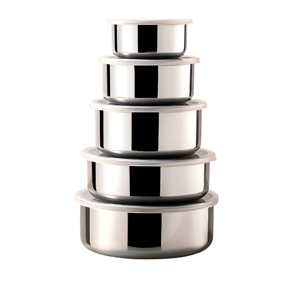 Kit 5 Tigelas Inox Com Tampa Potes Redondos 285ml a 1430ml Jogo de Pote Hermético Cozinha