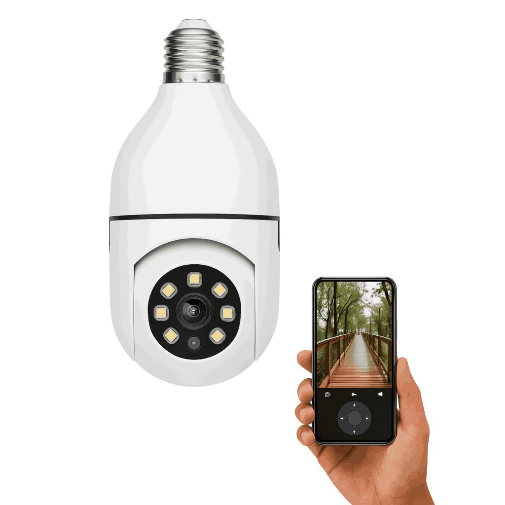 Câmera Lâmpada Wi-Fi 360° Panorâmica com Visão Noturna e Controle Celular – Instalação Rosqueável