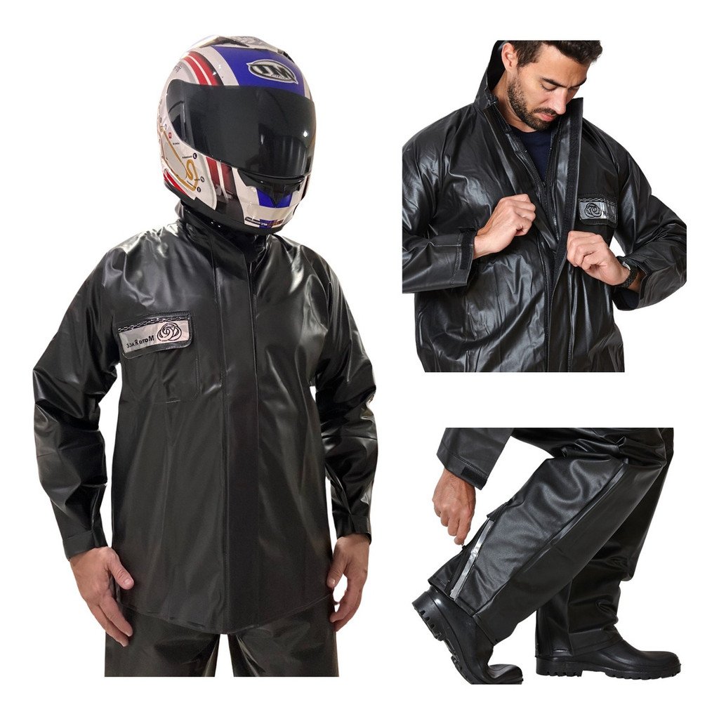 Conjunto Capa Chuva Moto Emborrachada Impermeável Com Gola Flex