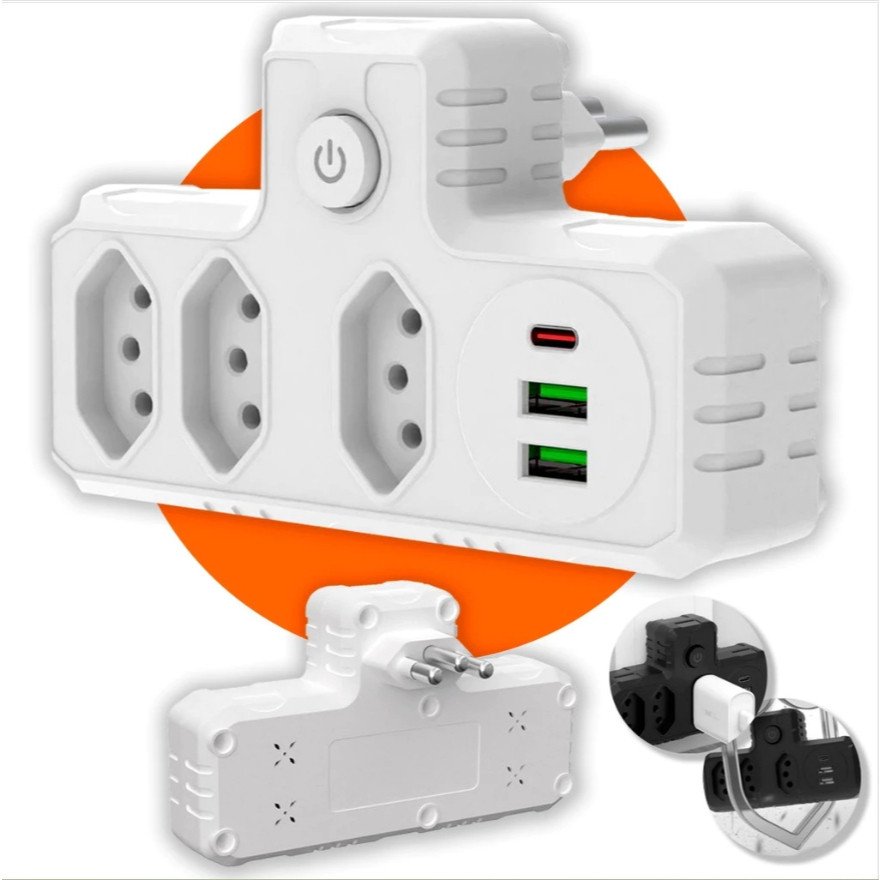 Conector De Extensão Portátil 3 Universal Plug Carregador Rápido 2 Usb 1 Tipe-C Transformador Conversor De Tomada,