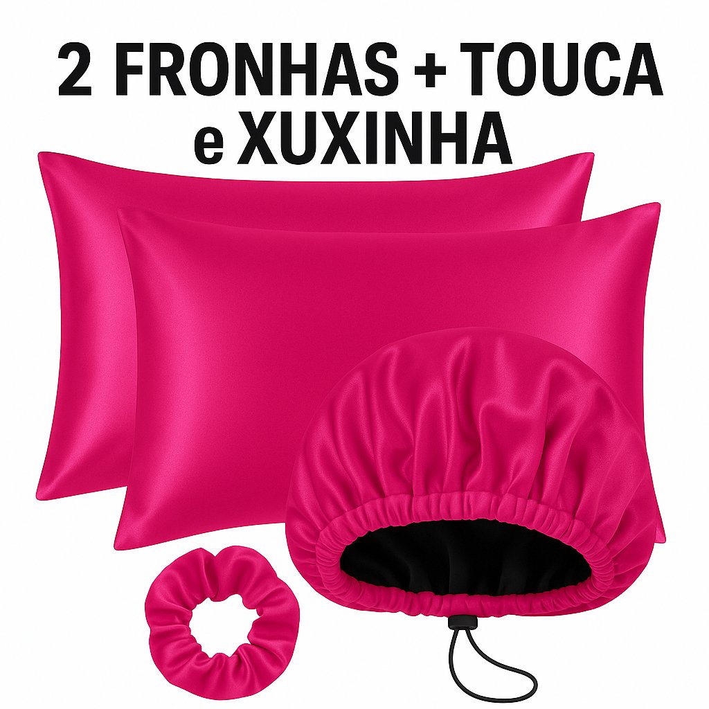 Kit Cetim Antifrizz  2 Fronhas 70x50+Touca Dupla Face Regulável+Scrunchie Elástico para Cabelo Cacheado e Liso