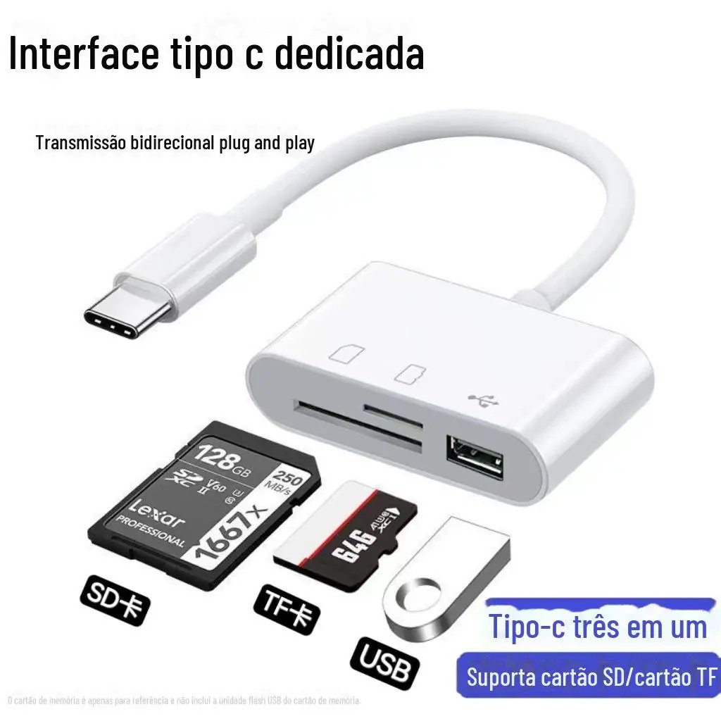 Adaptador leitor cartão de memória 3 em 1, SD, MicroSD e USB Tipo C, TF, OTG, conversor para  Celulares, Tablets