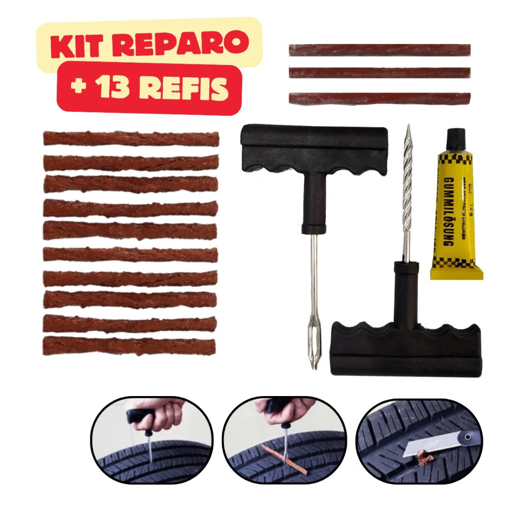 Kit Reparo Pneu Sem Camara Carro E Moto Refil Selante Remendo Macarrão