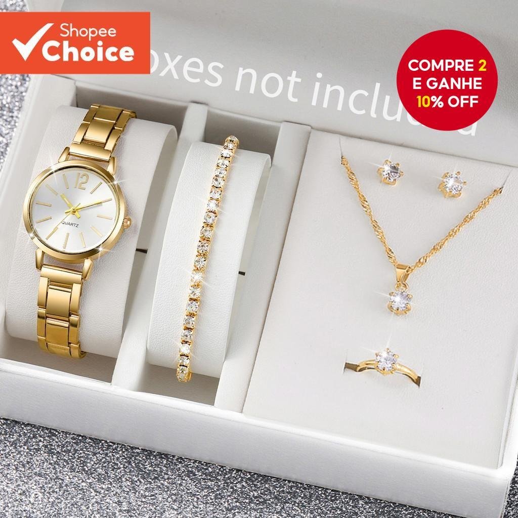 Conjunto De Relógio Feminino Ros ivga 6 Peças De Pulseira De Liga De Quartzo Com Strass Joias Da Moda Presente Para O Na