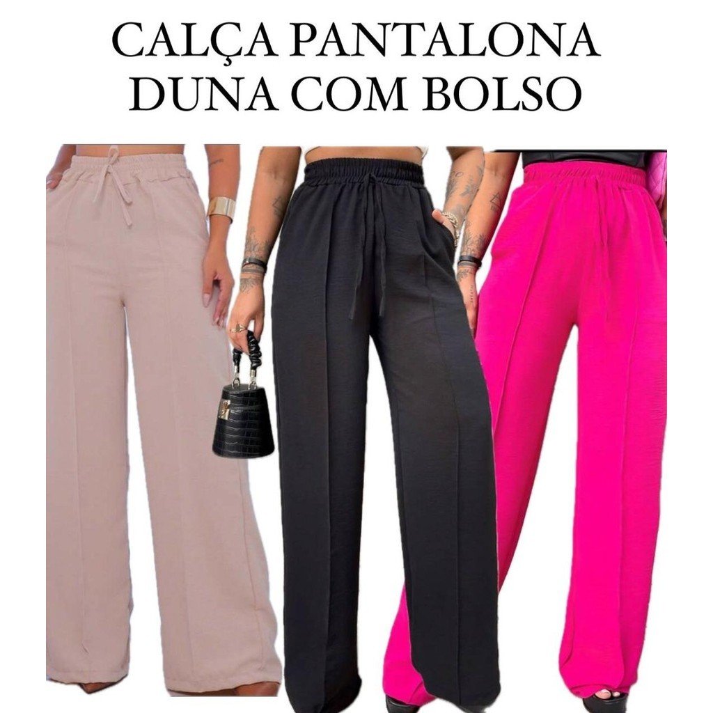 Calça Pantalona Duna Feminina Com Bolso Cintura Alta Tecido Premium