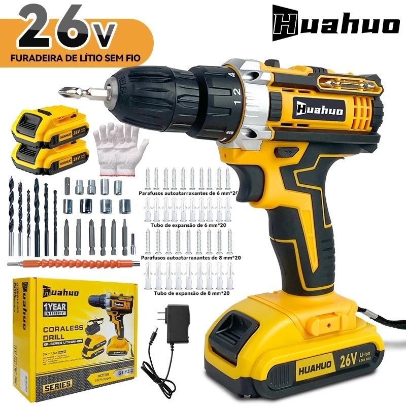 【110V/220V】26V Parafusadeira Furadeira Sem Fio Com Completo Acessórios Caixa de Papelão Bivolt.