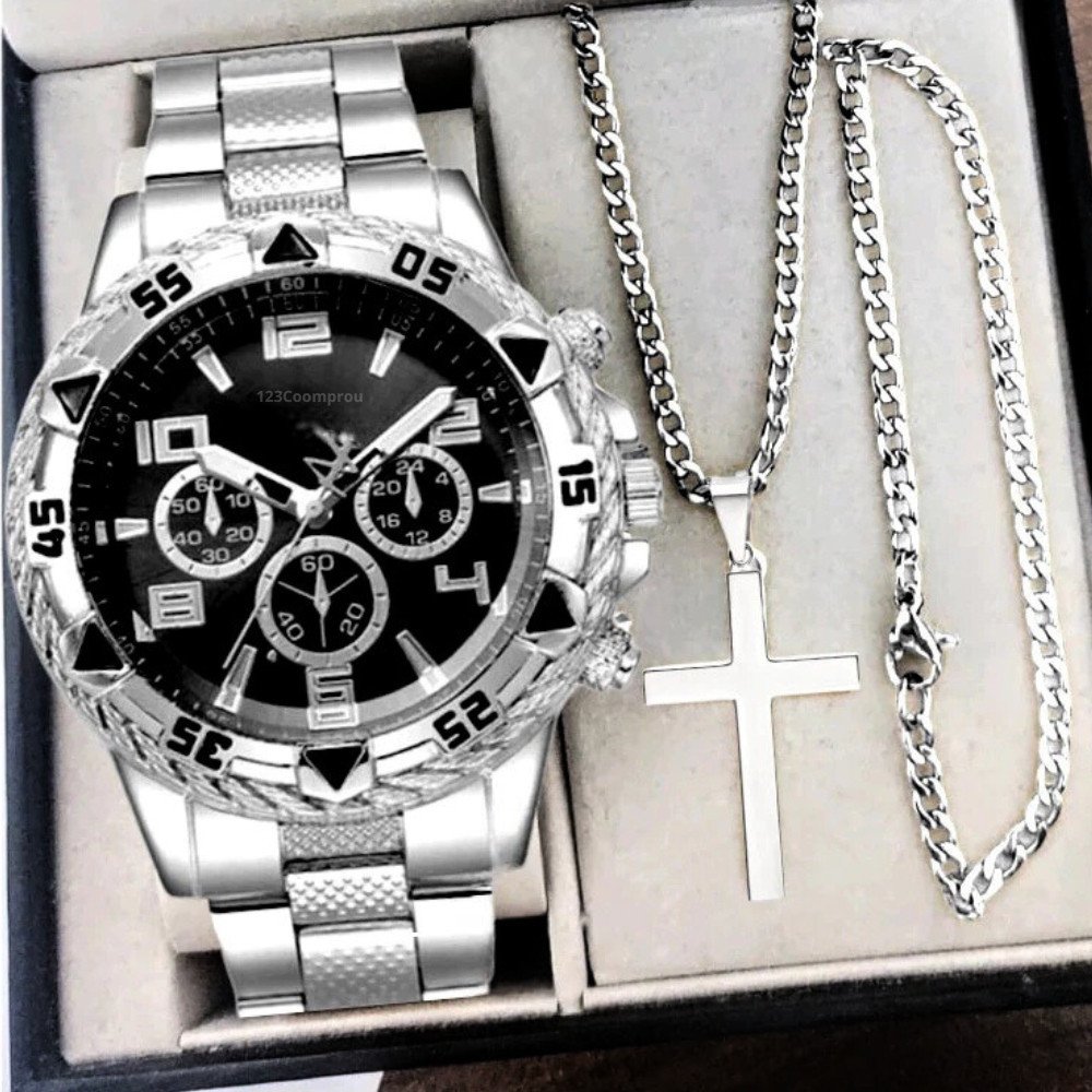 Kit Relógio Masculino Aço Inox Resistente a Água Com Corrente Cruz e Pulseira Presente Dia Dos Pais