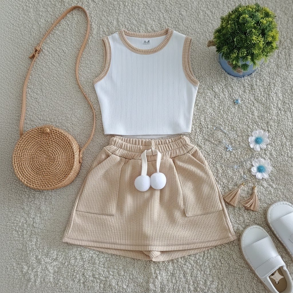 Conjunto Infantil Menina Regata Ribana e Short Saia Ana ruga Confortável e Estiloso