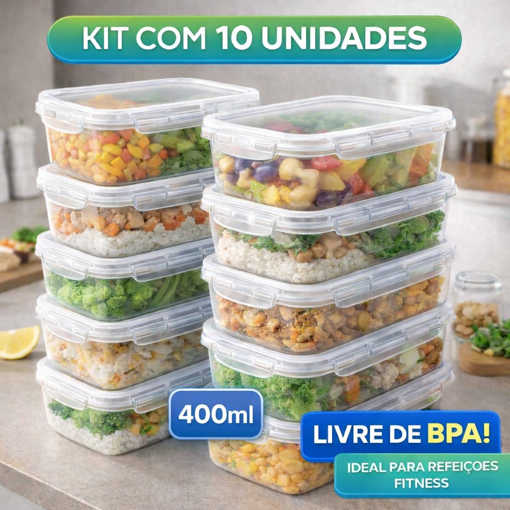 Kit 10 Potes Marmita Fit 400ML Retangular Com Tampa 4 Travas Jogo de Potes Livres de BPA