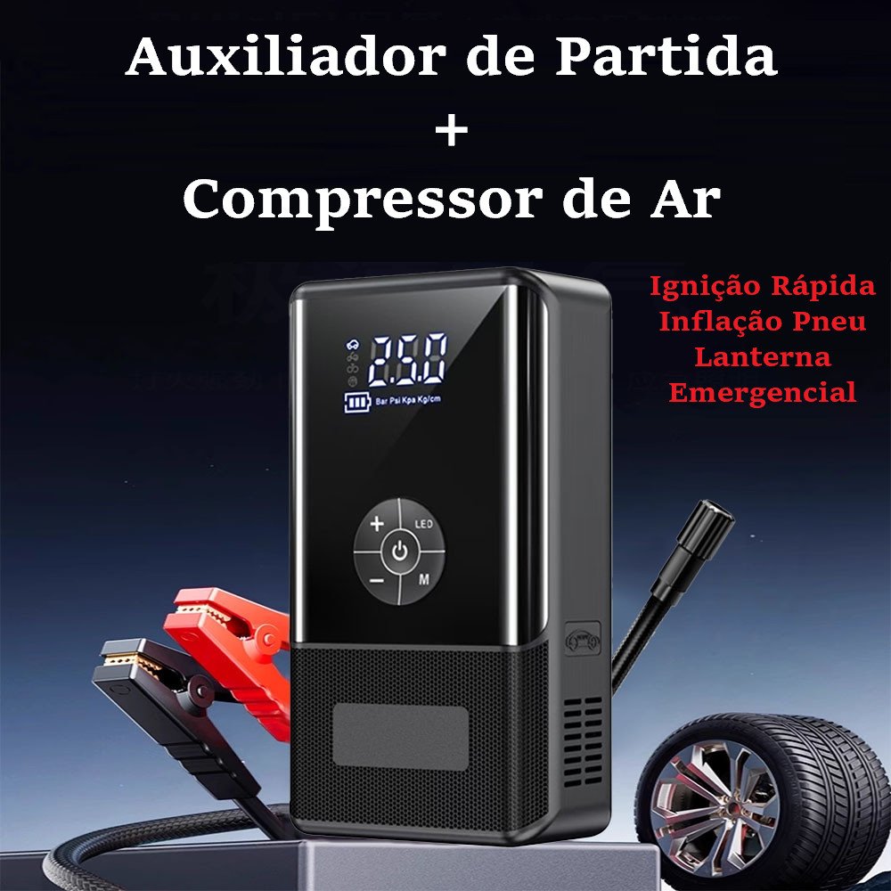 2 em 1 - Auxiliador Partida Compressor de Ar PowerBank Portátil Multifuncional Carregamento 12V