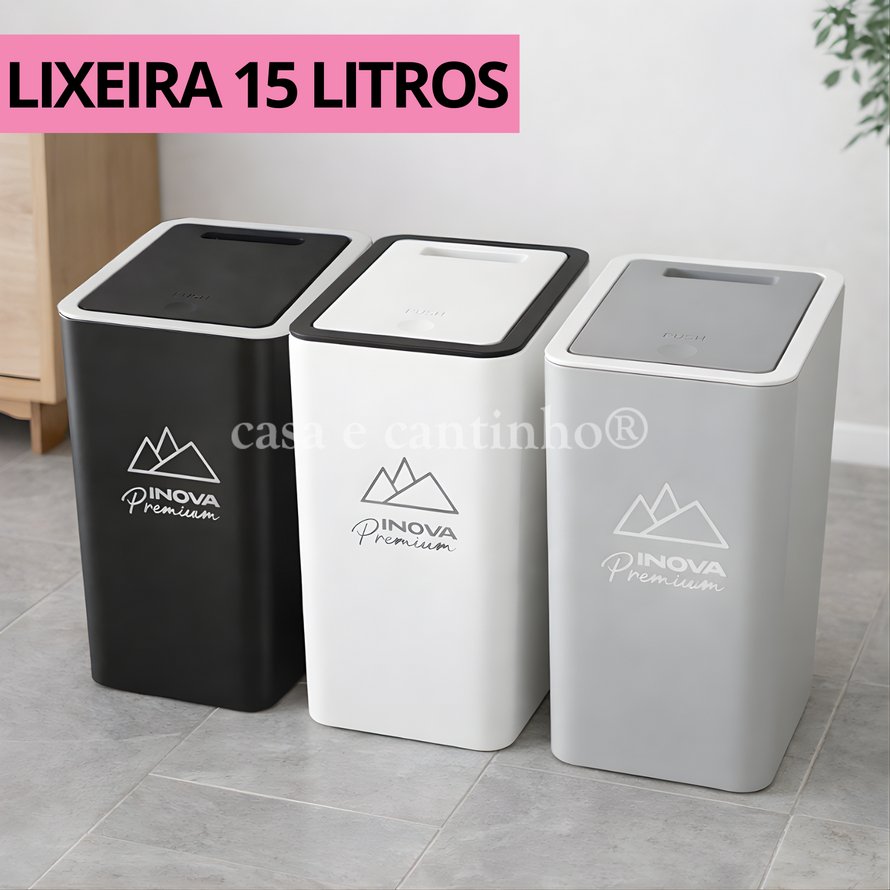 Lixeira Compacta 15L com Tampa Click Premium Para Cozinha Escritório Banheiro Multiuso