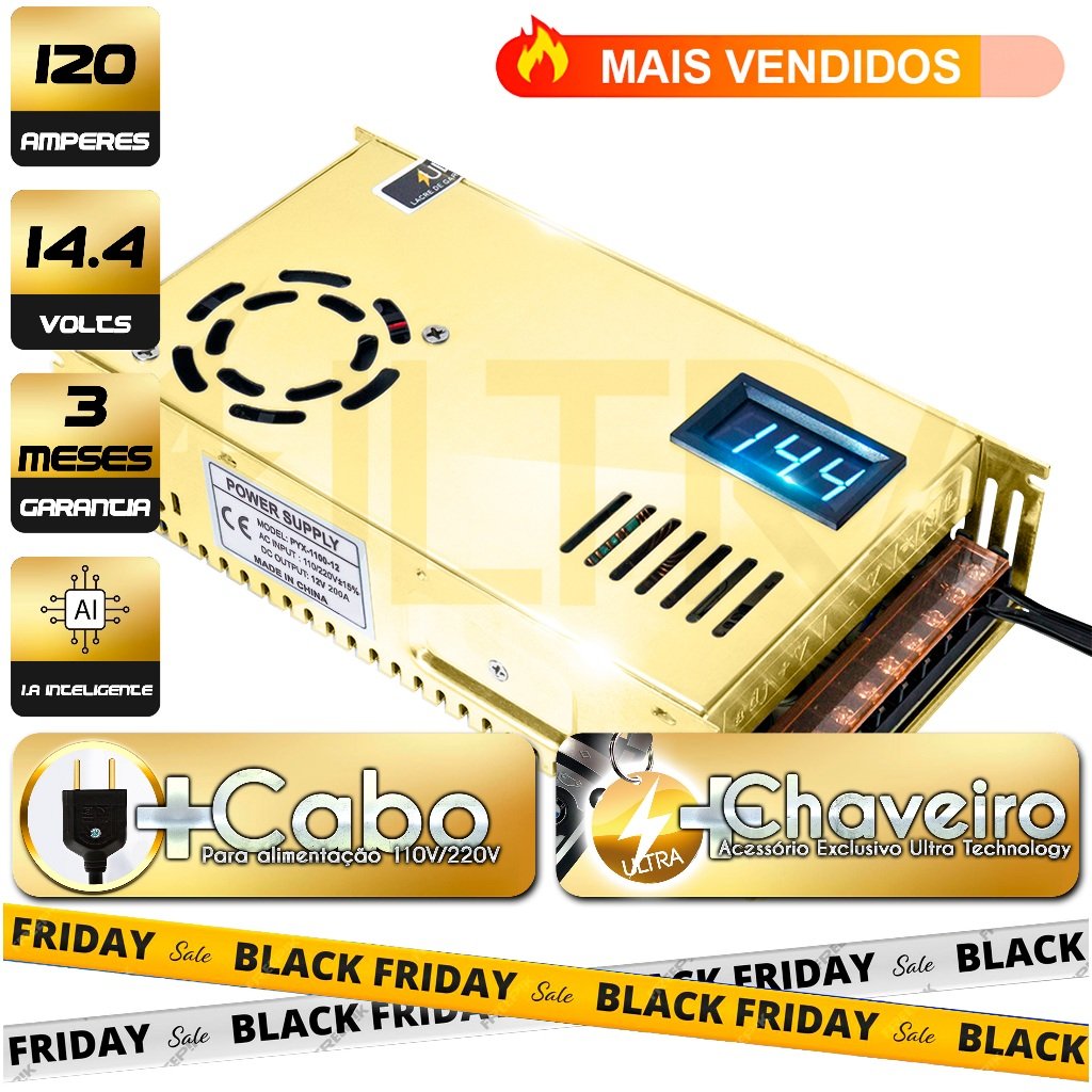 Fonte Automotiva 120A 12V para Som Fita LED Bivolt 13,8V 14,4V 90 substitui Taramps JFA Usina Stetsom Pirâmide Colmeia