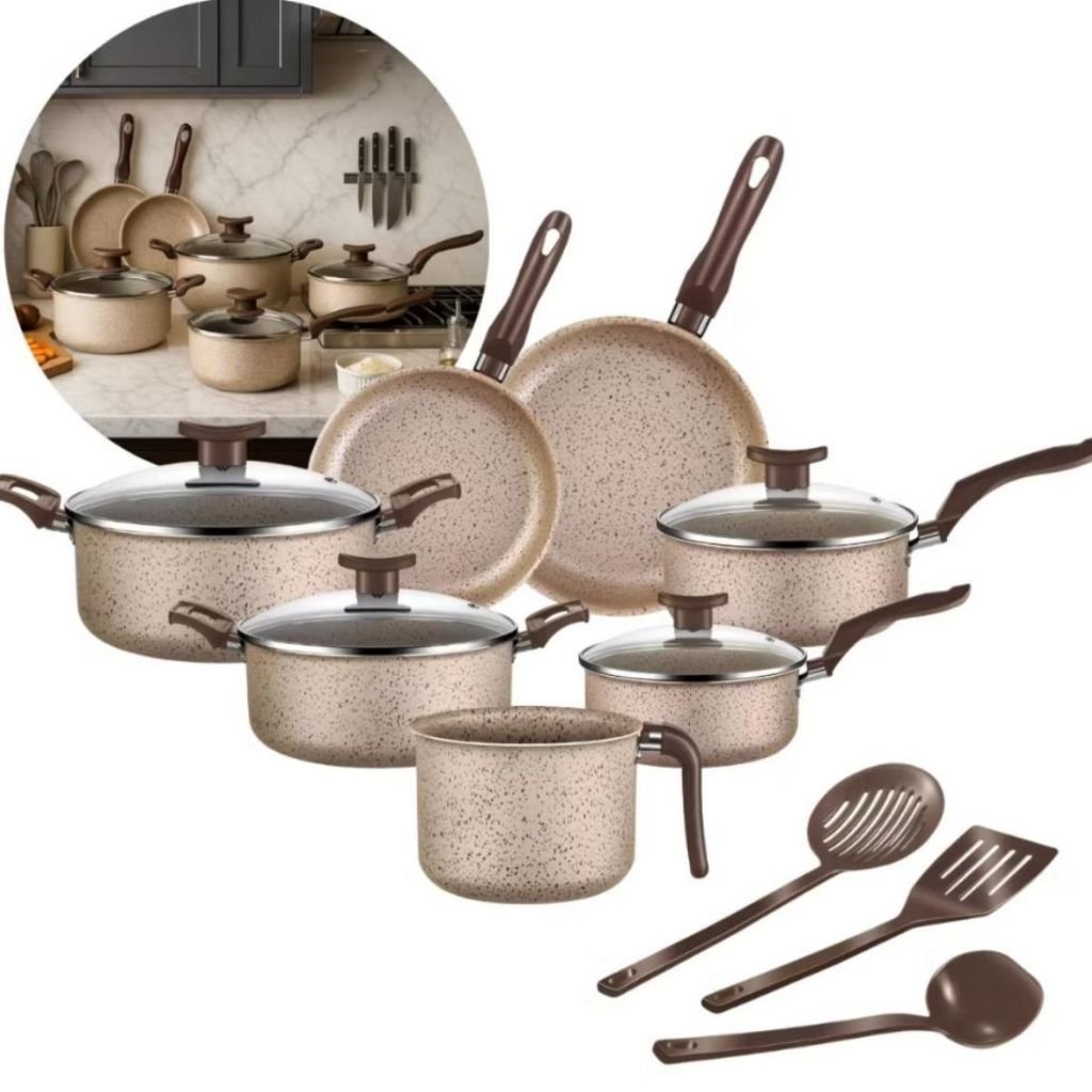 Jogo De Panelas 10 Peças Antiaderente Conjunto Caçarola Frigideira Fervedor Cor Coffee Cappuccino Kit Talheres