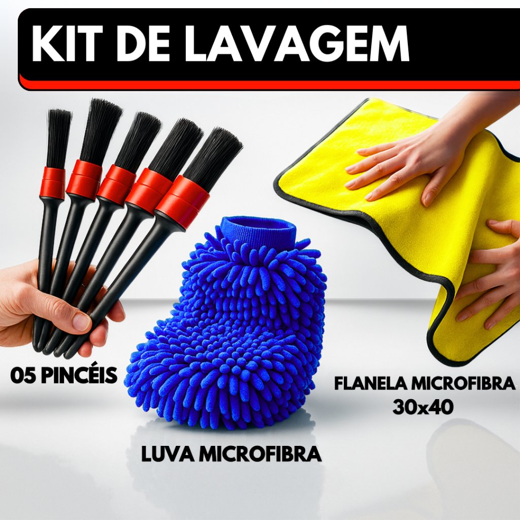 Kit Automotivo Flanela de Microfibra 30x40cm + 05 Pincel Detalhamento + Luva Microfibra