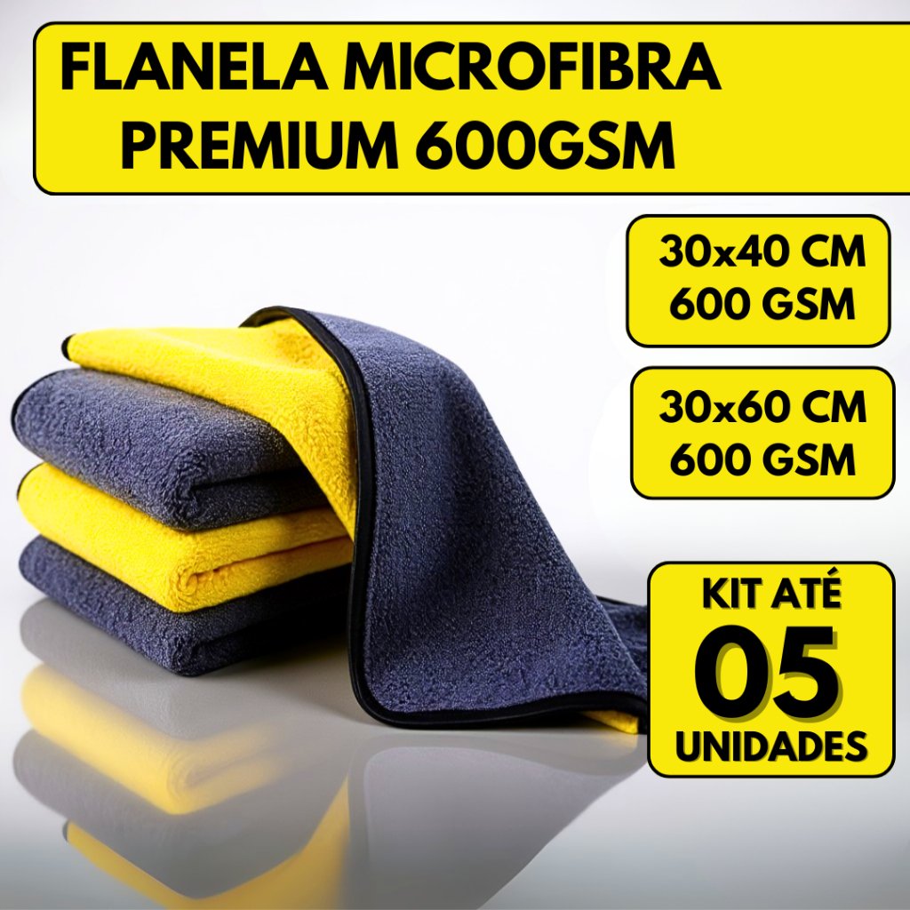 Kit 05 Pano Flanela Microfibra Automotiva 600GSM Premium Para Lavagem polimento de Carro