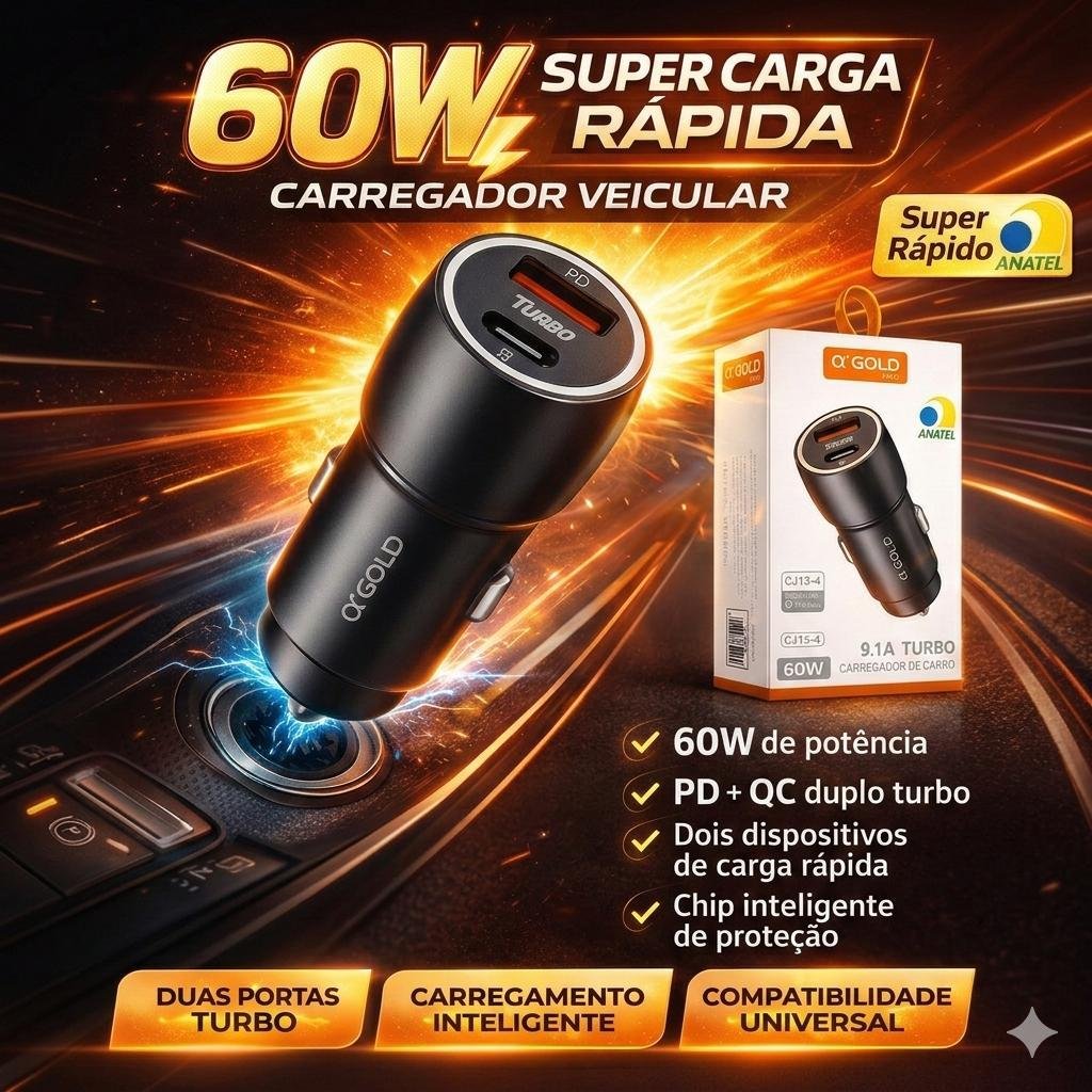 Carregador Veicular 60w Turbo Porta Dupla USB-C Cor Mesclado azul/preto