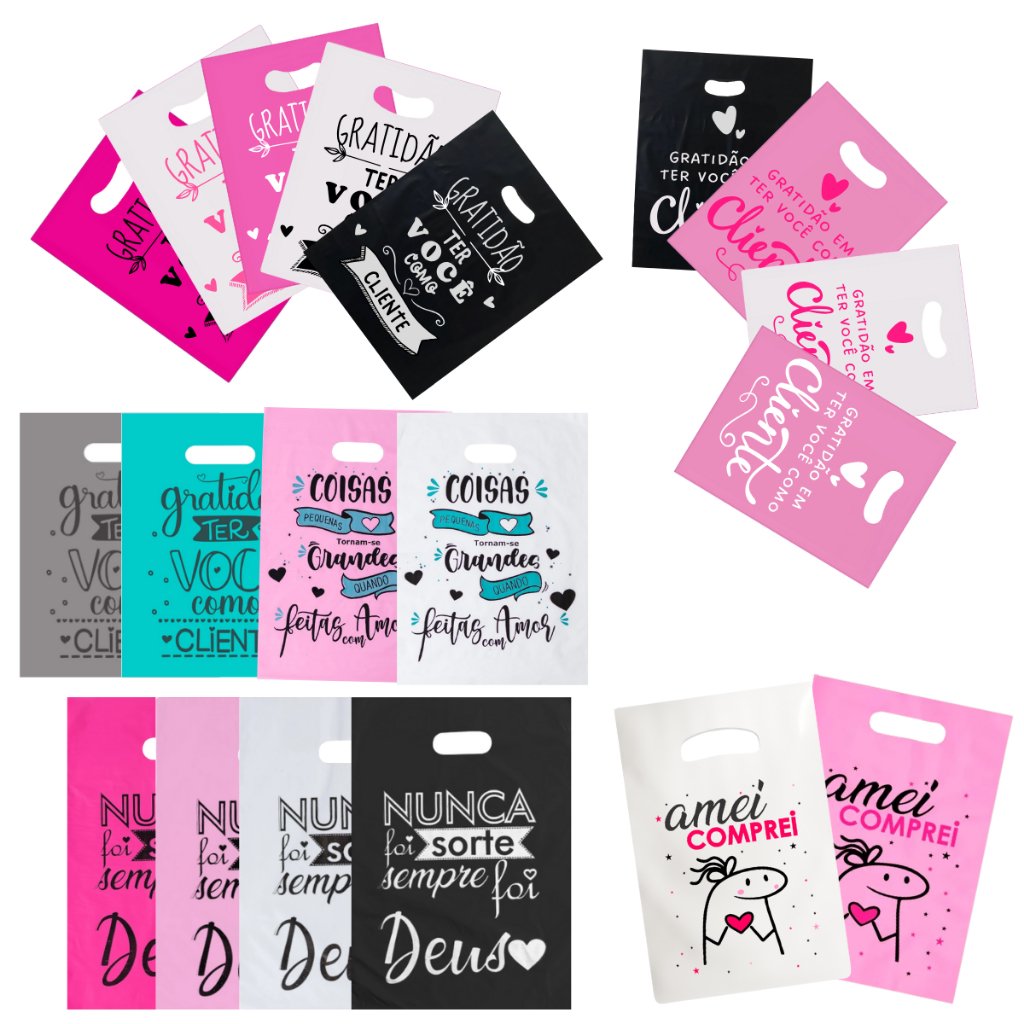 50 Sacola Boca de Palhaço Personalizada P, M e G Diversas Estampas Sacolinha Alça Vazada Frase Gratidão, Nunca foi Sorte