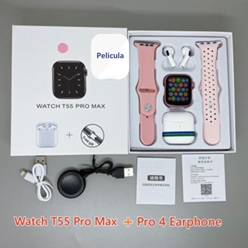 T55 Pro Max Smart Watch Com 4 Earbuds Set Hot-sale 2 Alças Bluetooth Chamada De Papel De Parede Personalizado