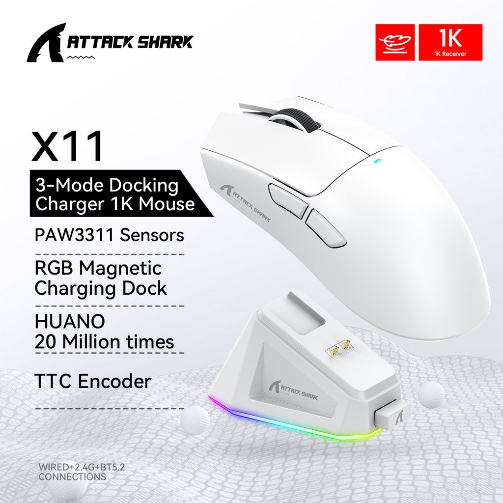 ATTACK SHARK X11/X5 Tri-Mode (BT , 2.4G , Type-C) Mouse Leve Para Jogos-22000DPI , Iluminação RGB , Bateria 65H , Ergo G