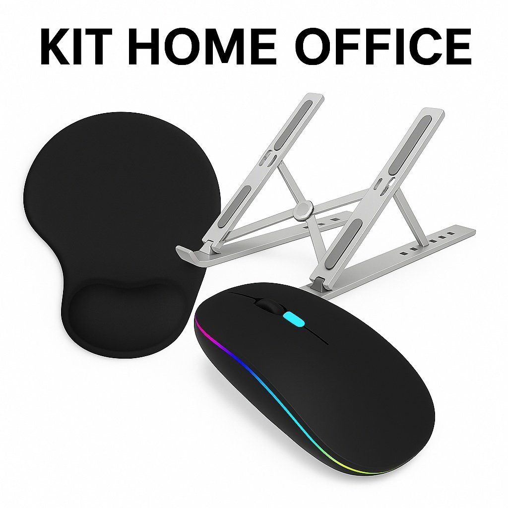 Kit Home Office Mouse Sem Fio Recarregável + Suporte Notebook Alumínio Ajustável + Mouse Pad Grande