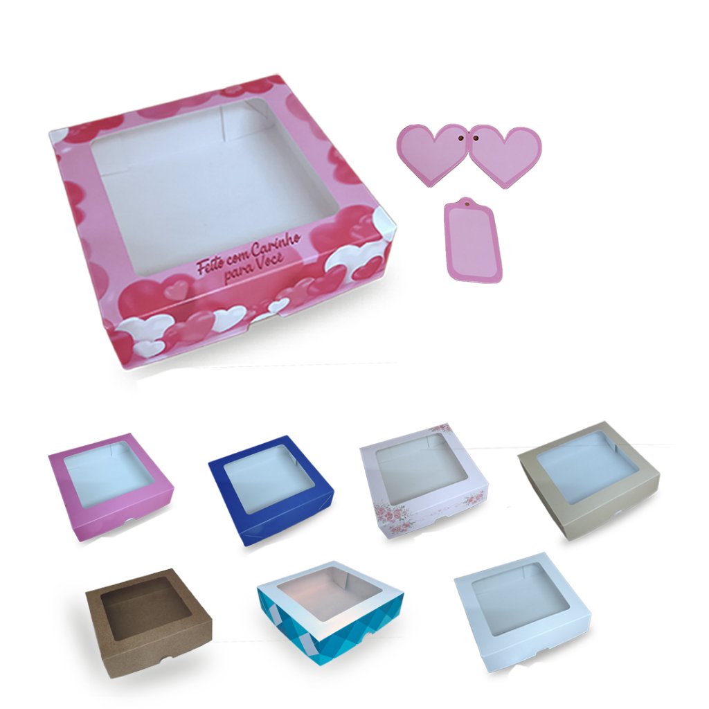 Caixa de Presente com Visor + Tags | Estampas Natal, Coração, Flores, Rosa, Azul, Branca |  15x15x4cm